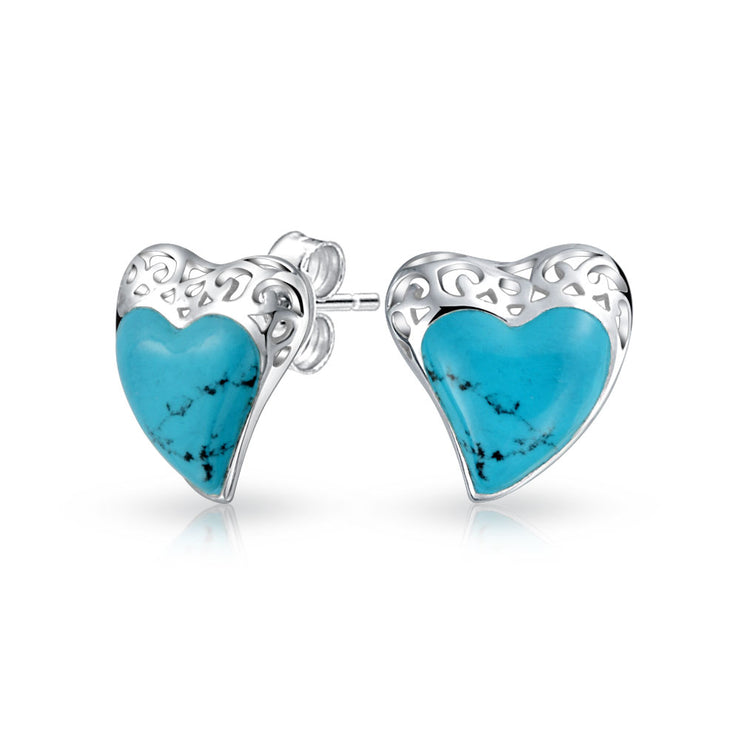 Filigree Enhanced Turquoise Heart Stud Earrings Sterling Silver