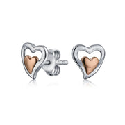 Set of 2 Double Open Heart Shaped Puffed Stud Earrings Rose Gold Plated Silver