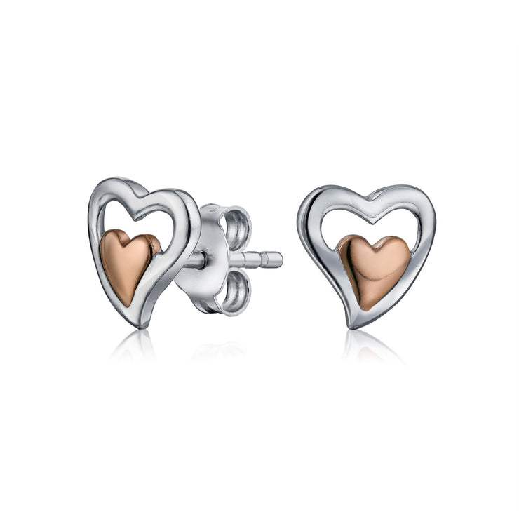 Set of 2 Double Open Heart Shaped Puffed Stud Earrings Rose Gold Plated Silver