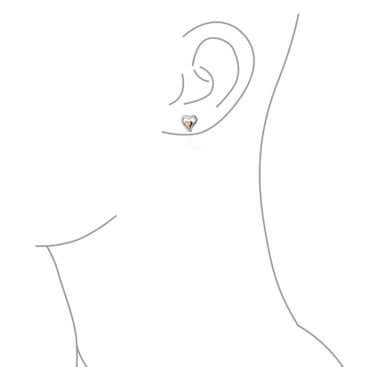 Set of 2 Double Open Heart Shaped Puffed Stud Earrings Rose Gold Plated Silver