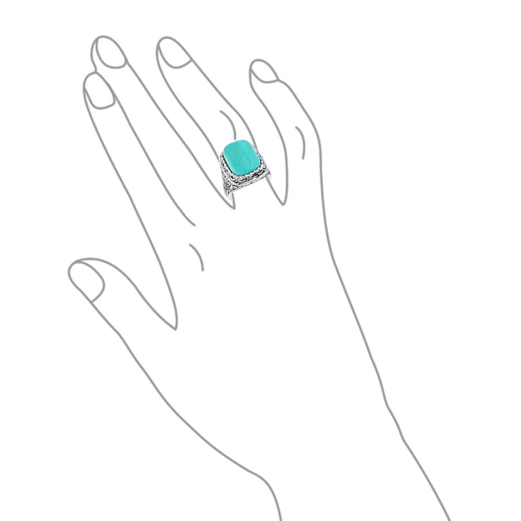 Southwest Boho Silver Ring with Blue Turquoise Gemstone and Filigree Scroll Band
