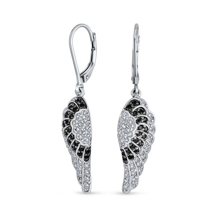 Guardian Angel Wing Feather Black CZ Lever back Earrings Silver Plated