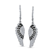 Guardian Angel Wing Feather Black CZ Lever back Earrings Silver Plated
