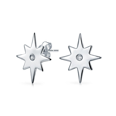 Trendy Petite CZ Stud Earrings with Celestial Polaris North Star Design in Sterling Silver