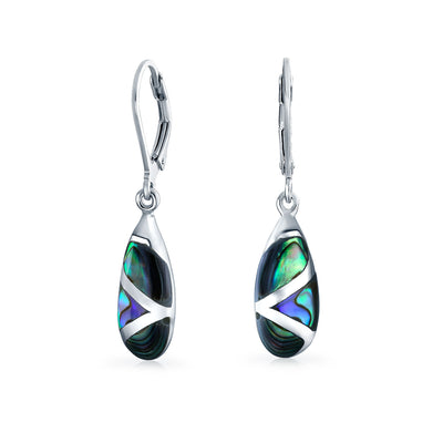 Boho Rainbow Abalone Shell Teardrop Dangle Earrings  Sterling Silver Lever Back