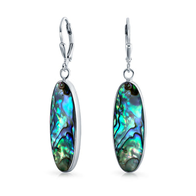 Geometric Iridescent Abalone Shell Oval Long Dangle Earrings in Sterling Silver