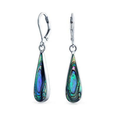 Geometric Iridescent Abalone Shell Teardrop Dangle Earrings in Sterling Silver