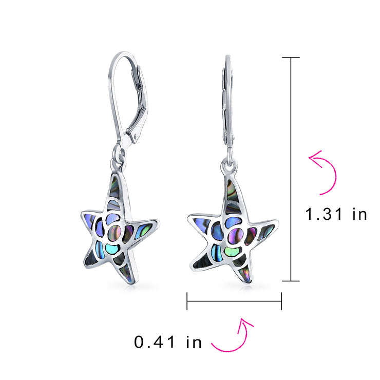 Nautical Starfish Dangle Earrings with Abalone Shell Inlay Sterling Silver Lever Back