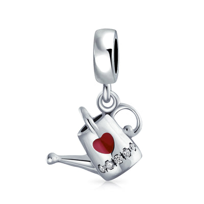 Love Red Heart Watering Can Dangle Charm Bead Enamel Sterling Silver for Bracelet