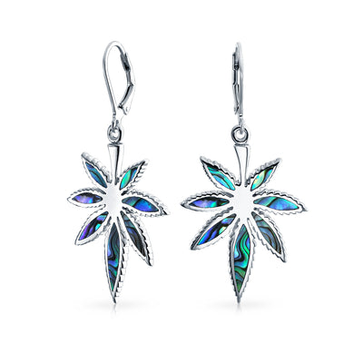 Rainbow Iridescent Abalone Shell Weed Leaf Dangle Earrings Sterling Silver