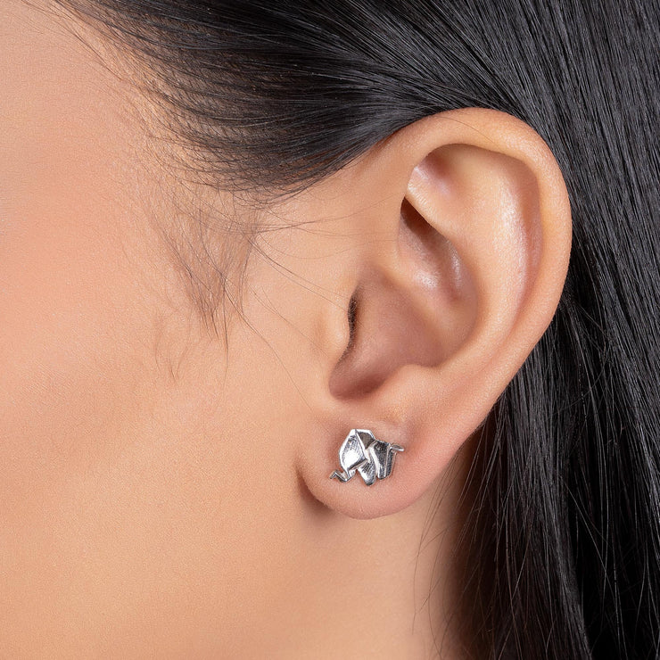 3D Geometric Origami Elephant Stud Earrings in Sterling Silver