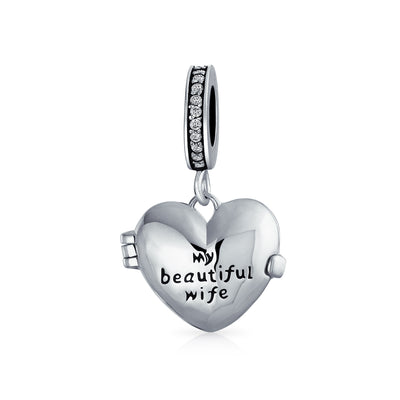 My Beautiful Wife Words Heart Locket Charm Bead .925 Sterling Silver