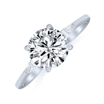 Classic 3CT Round CZ Solitaire Engagement Ring with Baguette Side Stones Silver