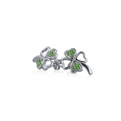 Kelly Green Pave CZ Four Leaf Clover Stud Earrings Sterling Silver