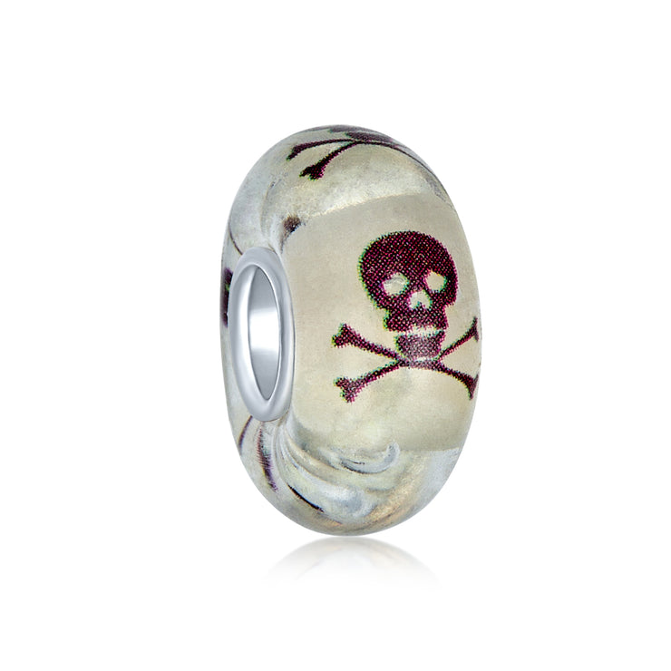 Set of 3 Glow In The Dark Skull Crossbones Glass Charm Bead Sterling Silver Core