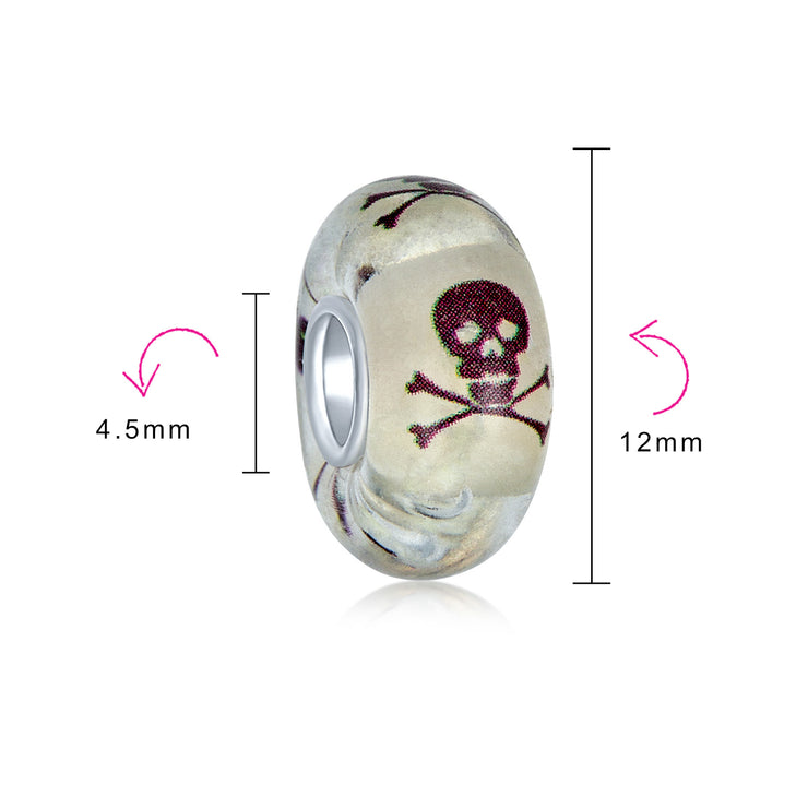 Set of 3 Glow In The Dark Skull Crossbones Glass Charm Bead Sterling Silver Core