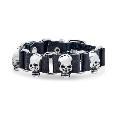 Biker Chain Link Bracelet Skull Heads Black Leather Studded Cuff for Men s