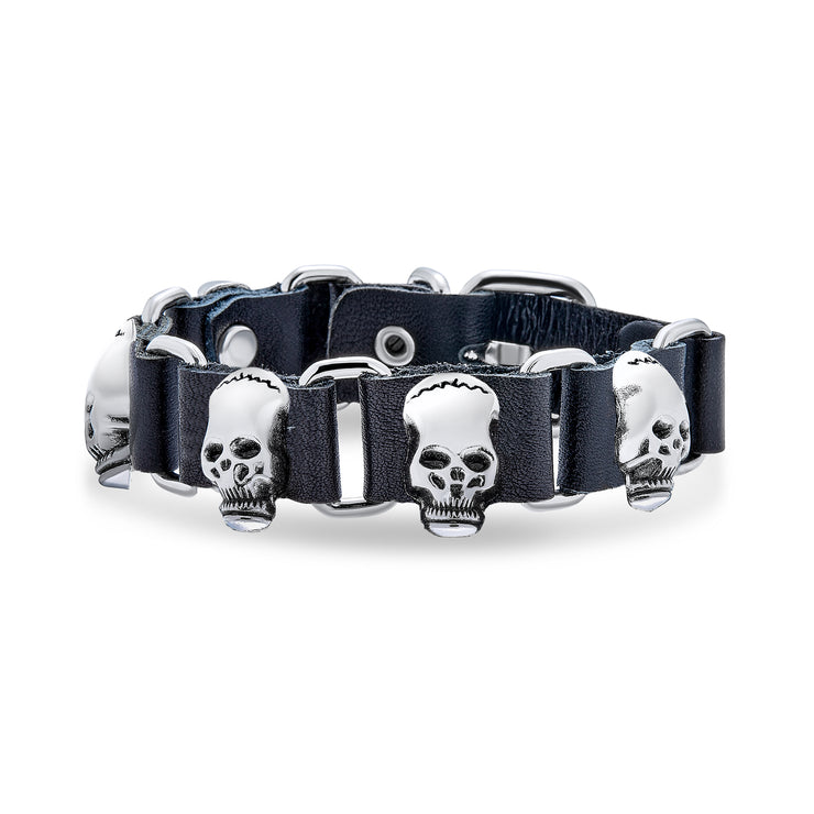 Skull Heads Black Leather Stud Rivet Stainless Steel Cuff Bracelets