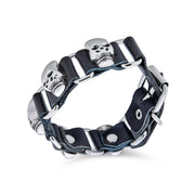 Skull Heads Black Leather Stud Rivet Stainless Steel Cuff Bracelets