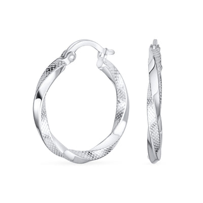 Diamond Cut Rope Cable Twist Medium Hoop Earrings .925 Silver 1" Dia.