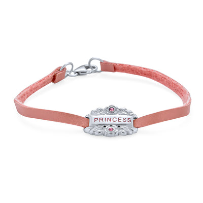 Pink Princess Heart Charm Bangle Leather Bracelet .925 Sterling Silver