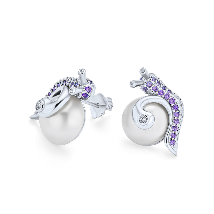 3D Purple Pave Snail White Stud Imitation Pearl Earrings Silver Plate