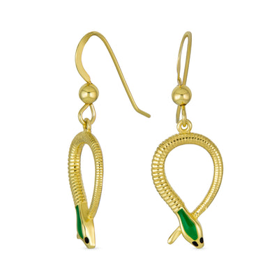 Egyptian Headed Serpent Snake Dangling Earrings Yellow Gold Plated Sterling