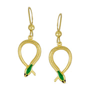 Egyptian Headed Serpent Snake Dangling Earrings Yellow Gold Plated Sterling