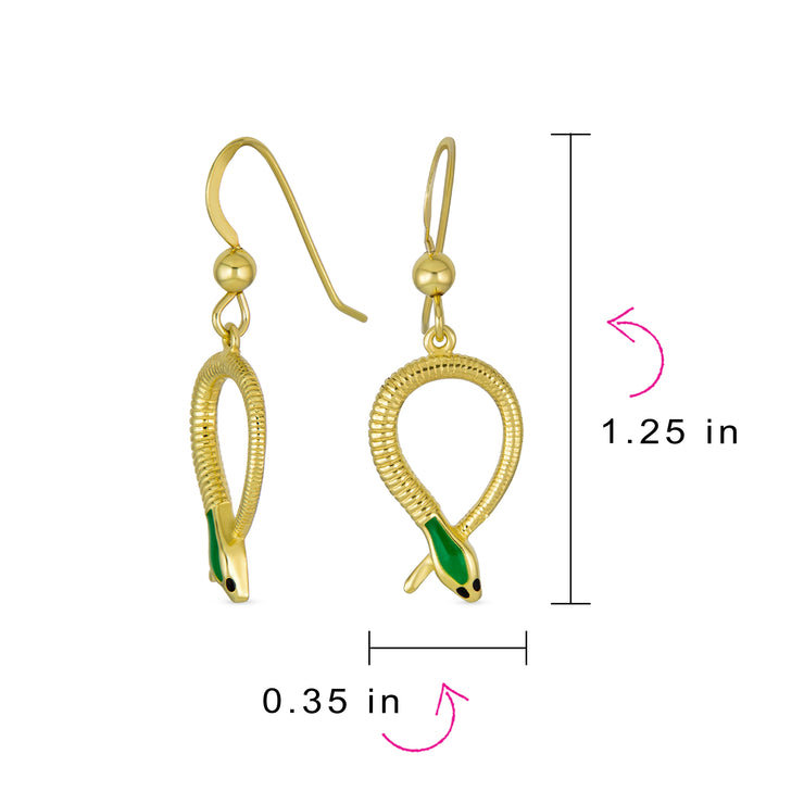 Egyptian Headed Serpent Snake Dangling Earrings Yellow Gold Plated Sterling