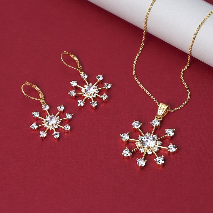 Festive Christmas Jewelry Set CZ Snowflake Earrings & Necklace Yellow Gold Plated