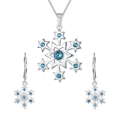 Blue Holiday Party Jewelry Set CZ Snowflake Earrings & NecklaceBrooch Pin