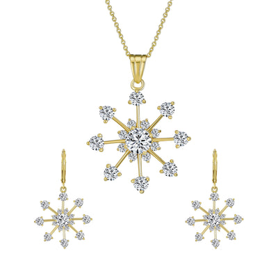 Festive Christmas Jewelry Set CZ Snowflake Earrings & Necklace Yellow Gold Plated