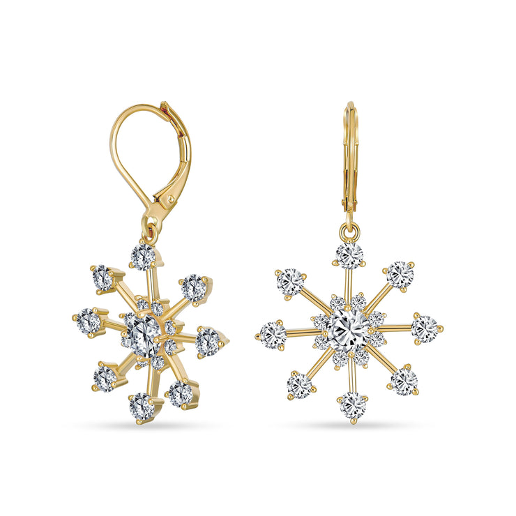 Festive Christmas Jewelry Set CZ Snowflake Earrings & Necklace Yellow Gold Plated