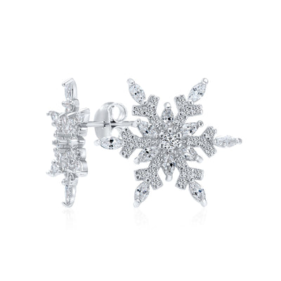 Holiday Party CZ Stud Earrings: Snowflake Design with Cubic Zirconia in Sterling Silver