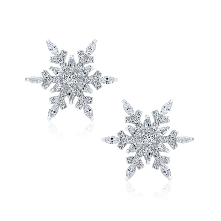 Winter Holiday AAA CZ Christmas Large Snowflake Stud Earrings Silver