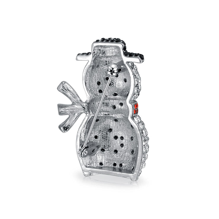 Winter Holiday White Glitter Crystal Snowman Scarf Brooche Pin Silver Plated