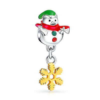 Holiday Christmas Snowflake Snowman Dangle Charm Bead Sterling Silver