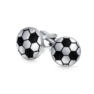 Mens Sports Fan Coach Black Enamel Football Shirt Cufflink Silver Tone Brass