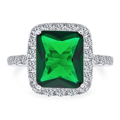 Fashion Rectangle Solitaire CZ Pave Halo Emerald Cocktail Statement Ring Silver