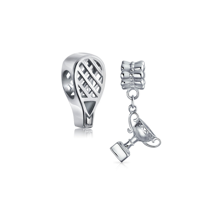 Set of 2 Sports Champion Trophy Dangle Tennis Racquet Charm Bead Sterling Silver