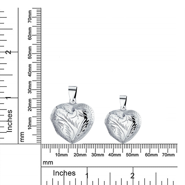 Vintage Style Leaf Engraved Puff Heart Photo Keepsake Locket Silver