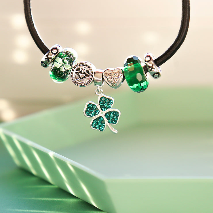 Celtic Clover Charm Bracelet with Irish Knot and Claddagh Bead on Leather 7.5 Inch