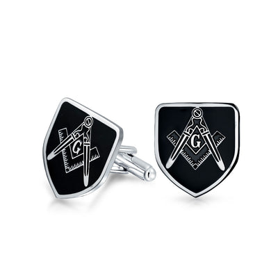 Shield Freemasons Compass Symbol Shirt Cufflink Black Enamel Silver Tone Steel