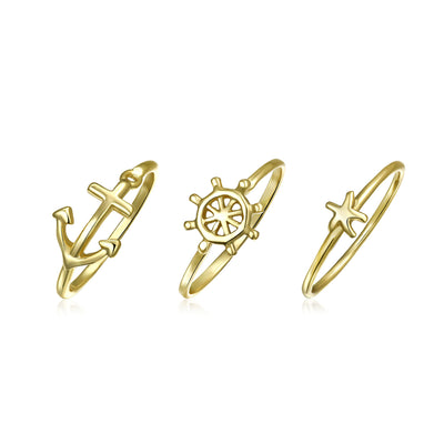 Anchor Wheel Starfish Gold Plated Sterling Silver Midi Knuckle Ring