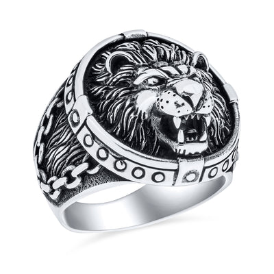 Big Statement King of Jungle Round Viking Signet Roaring Lion Ring for Men