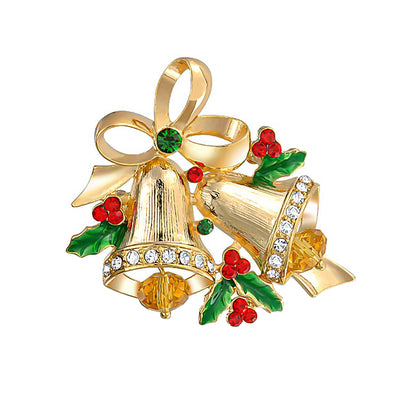 Large Fashion Statement Crystal Holiday Holly Christmas Bells Brooche Pin Gold Plated