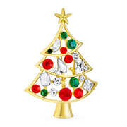 Set of 2 Large Colorful Crystal Holiday Christmas Tree & Bells Brooche Pin Gold Plated