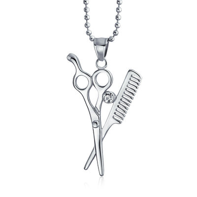 Unisex Hair Stylist Scissors Comb Crystal Pendant Necklace Stainless Steel