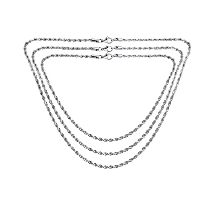 Set of 3 Unisex Classic Rope Chain Necklace Stainless Steel 18, 20 & 24 Inch