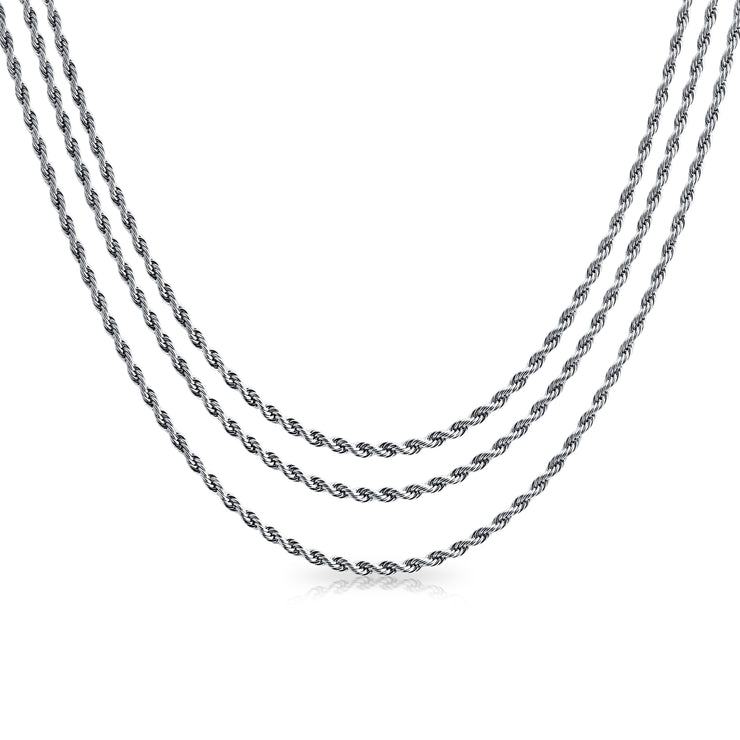 Set of 3 Unisex Classic Rope Chain Necklace Stainless Steel 18, 20 & 24 Inch